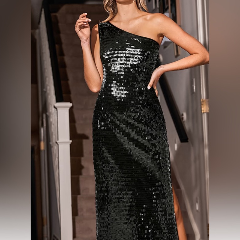 NWT Black Sequin One-Shoulder Formal Dress Size Large Dressy Fancy Party